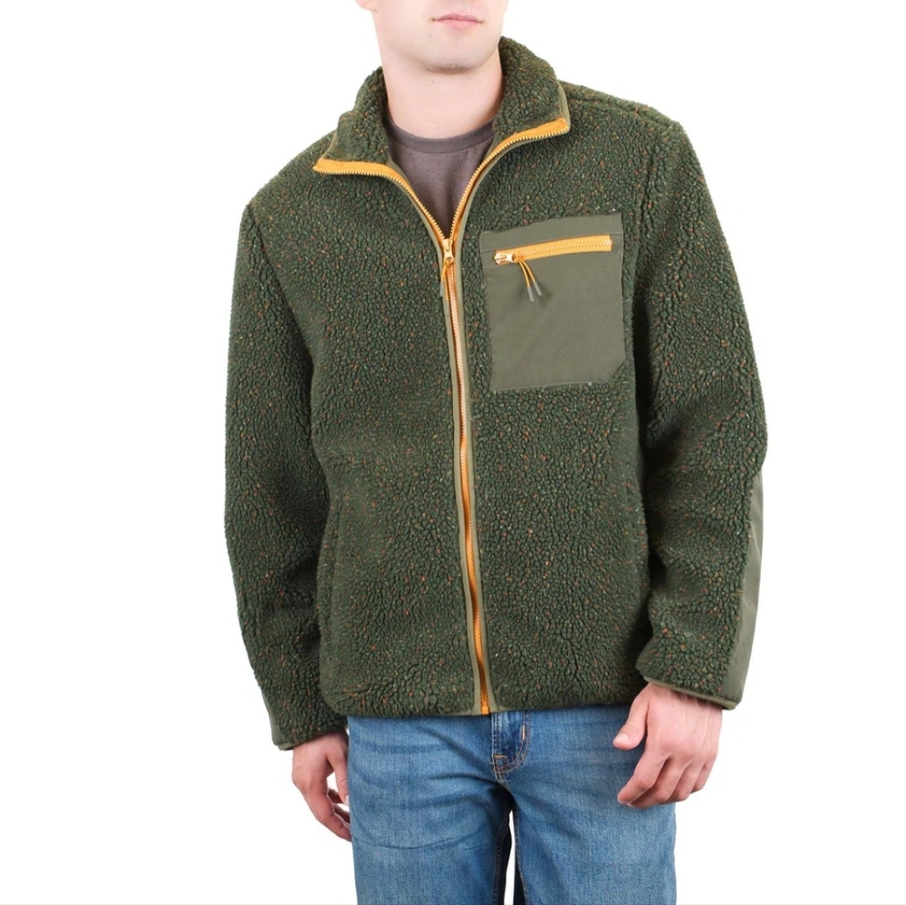 Men's Green Zip-Up Sherpa Fleece Jacket with Orange Trim